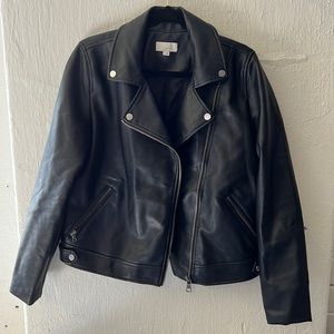 Ann Taylor LOFT Womens Medium  Black Vegan Leather Moto Zip Up Jacket Snaps